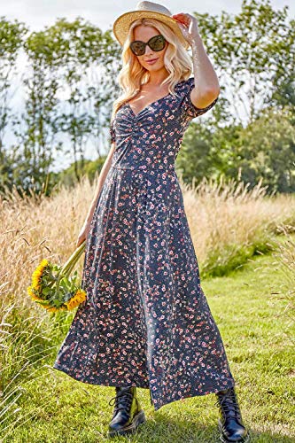 Roman Originals - Vestido midi con estampado floral y fruncido para mujer, informal, para día a día, primavera, verano, jardín, fiesta, barbacoa, fiesta, manga corta, largo y largo