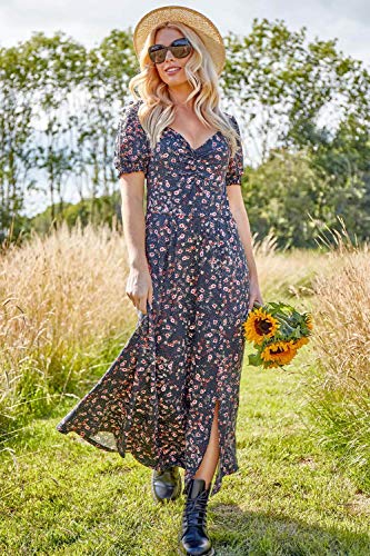 Roman Originals - Vestido midi con estampado floral y fruncido para mujer, informal, para día a día, primavera, verano, jardín, fiesta, barbacoa, fiesta, manga corta, largo y largo