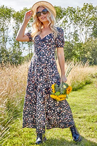 Roman Originals - Vestido midi con estampado floral y fruncido para mujer, informal, para día a día, primavera, verano, jardín, fiesta, barbacoa, fiesta, manga corta, largo y largo