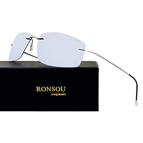 RONSOU Gafas de Sol de Los Hombres Moda Ultraligeras Polarizadas Sin Montura Titanio para Conducir Al Aire Libre Marco Gris Lente Plateado (reflejado)