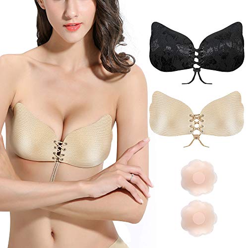 Rovtop 3PCS Sujetador Invisible Adhesivo para Mujer - Sin Tirantes Invisibles, Sexy y Reutilizable, 1PCS Sujetador Ajustable Negro, 1PCS Sujetador Ajustable Seda, 1 Par de Pezones de Flor (70B)