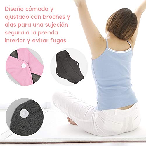 Rovtop 7PCS Reutilizables de Carbón de Bambú Compresa Almohadilla Menstrual Reutilizable Compresa + Bolsa de Transporte Mini (25 cm)