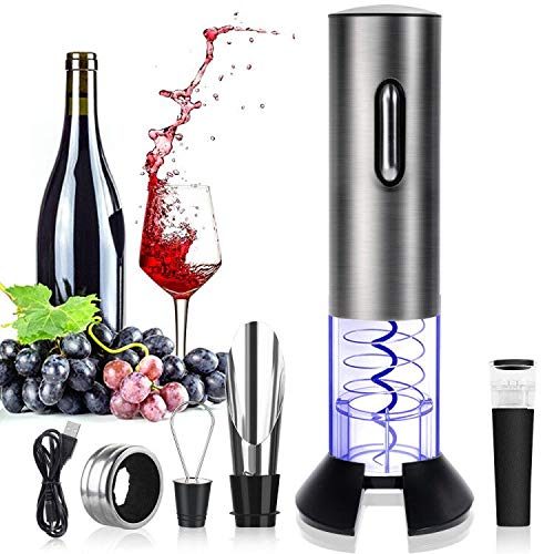 Rovtop Abrebotellas eléctrico recargable del vino del acero inoxidable con el cable de datos de carga plata