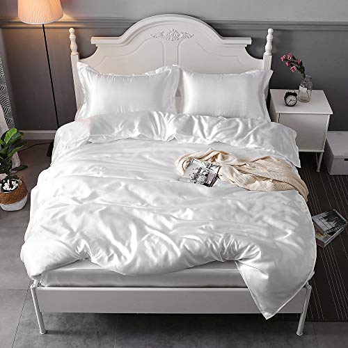 Royaliya Sabanas Seda Juego de Cama de Satén de Seda Funda Seda Natural de Hielo de Verano Set de 4 PCS de Seda Funda de Edredón Suave y Tacto (Blanca, 1.8M)