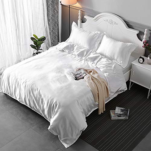 Royaliya Sabanas Seda Juego de Cama de Satén de Seda Funda Seda Natural de Hielo de Verano Set de 4 PCS de Seda Funda de Edredón Suave y Tacto (Blanca, 1.8M)