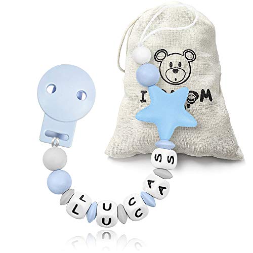 RUBY - Chupetero personalizado para bebe con nombre bola silicona antibacteria con pinza plastico con 2 agujeros anti-asfixia Chuptero Estrella (Azul)