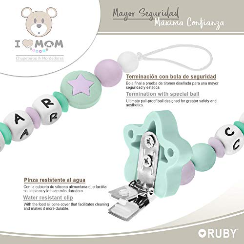 RUBY - Chupetero Personalizado"I LOVE MOM" con Pinza de Acero Inoxidable con Cubierta de Silicona en forma de Estrella Juguete Antibacteriana Impermeable (Turquesa Pastel)