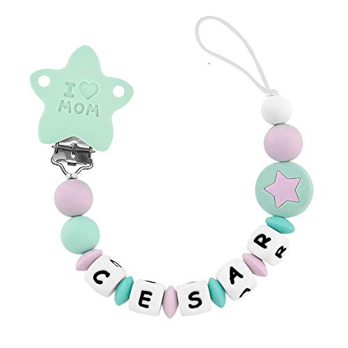 RUBY - Chupetero Personalizado"I LOVE MOM" con Pinza de Acero Inoxidable con Cubierta de Silicona en forma de Estrella Juguete Antibacteriana Impermeable (Turquesa Pastel)