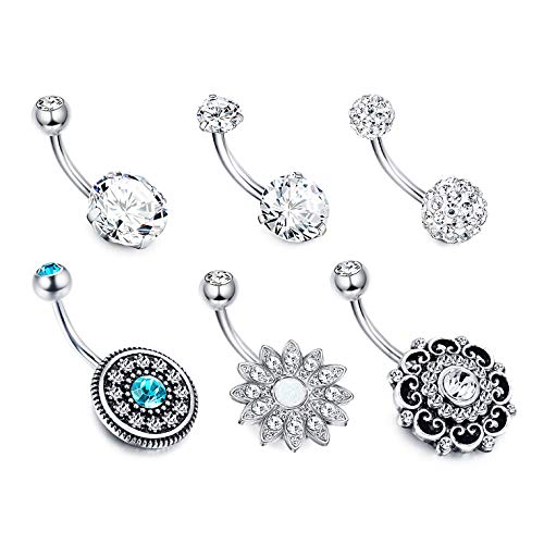 sailimue 6PCS 316L Acero Inoxidable Piercing Ombligo Embarazada para Mujeres CZ Belly Piercing Flor Body Piercing Vintage Adornos Corporales Set