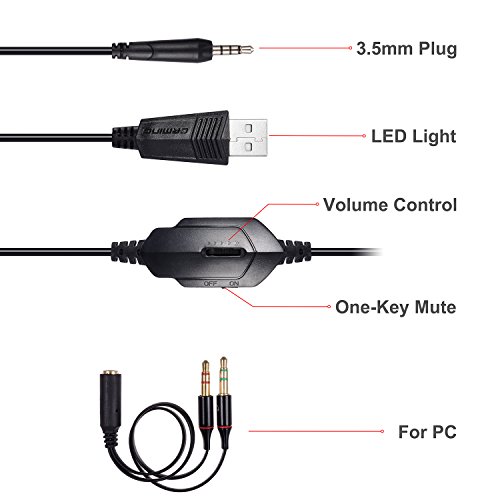 Samoleus - Auriculares de 3,5 mm en estéreo para videojuegos con iluminación LED, compatible con Playstation 4 PS4 y ordenador, con cancelación de sonido y control de volumen rojo