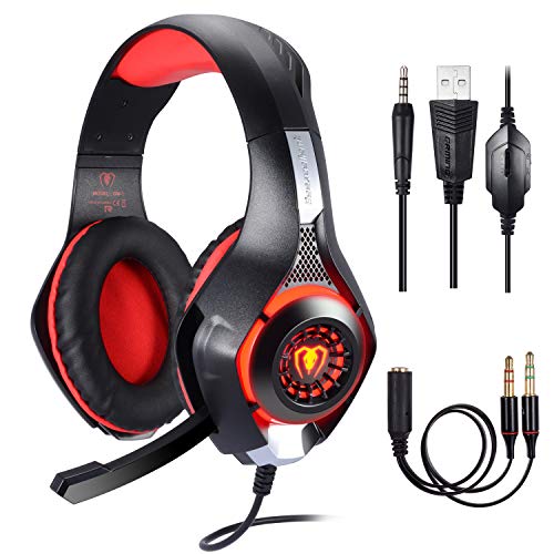 Samoleus - Auriculares de 3,5 mm en estéreo para videojuegos con iluminación LED, compatible con Playstation 4 PS4 y ordenador, con cancelación de sonido y control de volumen rojo