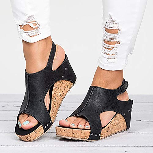 Sandalias de tacón de cuña de Mujer Peep Toe Tacones Altos Zapatos Retro de Cuero de Moda Romana Femenina Zapatos de Verano Correa de Tobillo Plataforma Tacones Gladiador