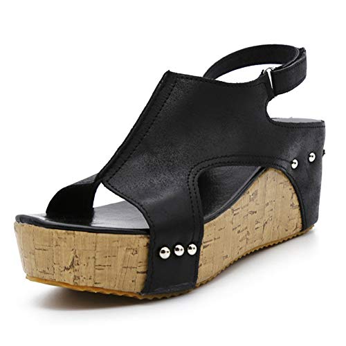 Sandalias de tacón de cuña de Mujer Peep Toe Tacones Altos Zapatos Retro de Cuero de Moda Romana Femenina Zapatos de Verano Correa de Tobillo Plataforma Tacones Gladiador