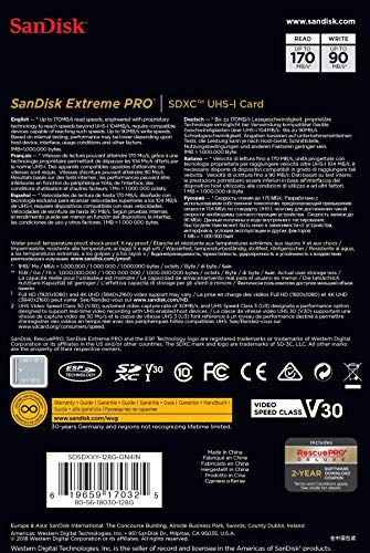 SanDisk Extreme PRO - Tarjeta de memoria SDXC de 128 GB, hasta 170 MB/s, Class 10, U3 y V30