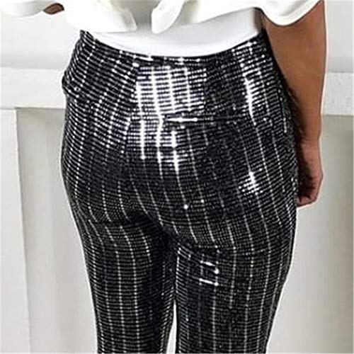 SANJIBAO Pantalones Palazzo Acampanados Largos Look Mojado de Mujer Rayas Que bloquean el Color Pantalones Casuales de Mujer Cintura Alta Pantalones Anchos con Lentejuelas de Fiesta,L