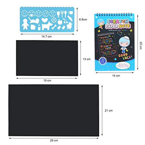 Scratch Art,JBSON 50 Hojas Dibujo Scratch Láminas para Rascar Creativas Papel para Dibujar con Niños, Manualidades, Escribir Listas, Incluye 4 Plantillas de Plantillas de Dibujo y 5 lápices de Madera