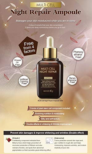 Secret Key – Multi Cell Night Repair Ampoule – Sérum antiedad para pieles exigentes, secas y bajas en humedad con niacinamida y arbutin contra arrugas y manchas oscuras para hombres y mujeres – Serum facial – Cuidado facial unisex – Cuidado de día – Cuida