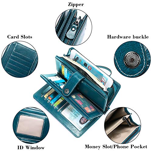 SENDEFN Fashion Genuine Leather Women RFID Blocking Multi Card Organizer Wallet para Mujer Monedero (Azul Pavo Real)