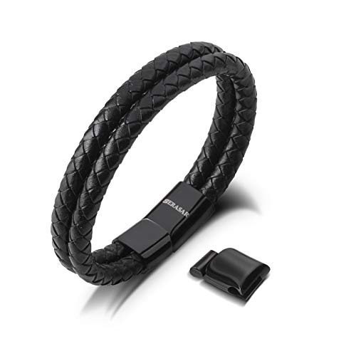 SERASAR 17cm Negro Pulsera de Cuero Hombre Chico Pulseras Hombres Brazalete Brazaletes Pulso Muñequera Muñequeras Bisuteria Bisutería Joyeria Nudos Cuerda Cuerdas Bracelet Men Jewellery Unisex Ancha