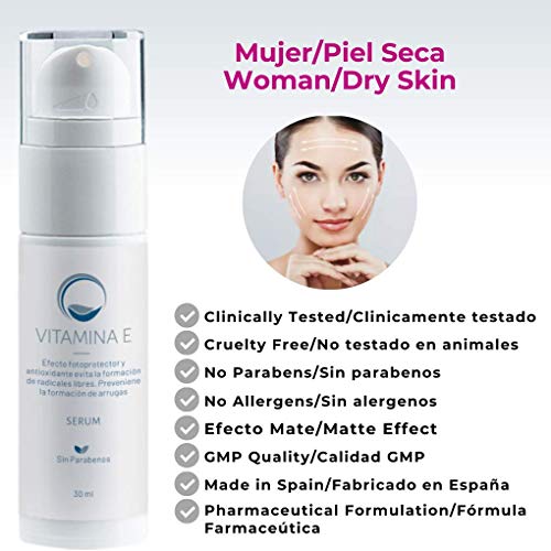 Serum Facial de Vitamina E 30 ml – Antioxidante Antiarrugas y Previene el Fotoenvejecimiento – Para Rostro y Cuello - Piles Secas - Textura Gel