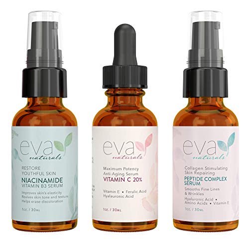 Set de 3 Sueros en Firmeza y Brillo para Piel Eva Naturals - Kit para Rostro con Suero de Vitamina C al 20%, Suero Complejo de Péptidos y Suero de B3 Niacinamida para Aclarar la Tez y Suavizar Arrugas