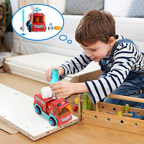 SGILE RC Camión de Bomberos – 2.4Ghz Coche Desmontable para Niños con 3 Sonidos, Luz, Taladro Eléctrico y Llave Inglesa, Vehículo de Construcción de Juguete para Peques