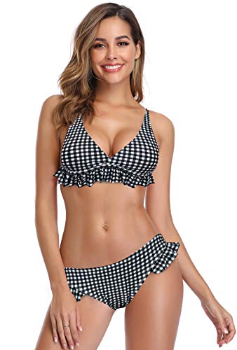 SHEKINI Mujer Bikini Sexy Traje de Baño de Dos Piezas Cintura Baja Pantalones de Baño Encaje (S, Plaid-Negro)