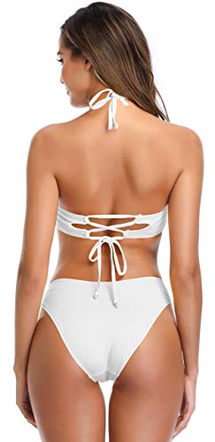 SHEKINI Mujer Bikini Top de Tubo Traje de Baño Dividido Cuello Colgando Calzoncillos Detalle Alto (L, Blanco)