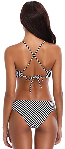 SHEKINI Mujeres Trajes de Baño Cuello Alto Impresión Stripe String Bikini Traje de Baño de Dos Piezas (Small, Franja Negro-Blanca)