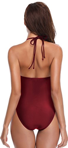 SHEKINI Traje de una Pieza para Mujer Bañador Mujer Sexy Cuello en V de Corte Alto Cabestro Bikini (S, Vino)