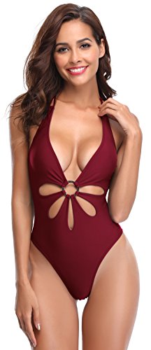 SHEKINI Traje de una Pieza para Mujer Bañador Mujer Sexy Cuello en V de Corte Alto Cabestro Bikini (S, Vino)