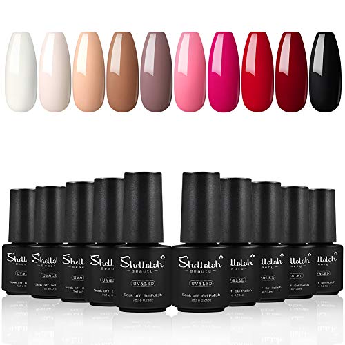 Shelloloh 7ml Esmalte de Gel Semipermanente Kit Uñas en Gel 10pcs Secador de Uñas LED/UV 36W Gel Esmalte de Uñas Curado Luz Máquina Base Top Gel para Manicura