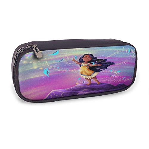 shenguang Estuche de cuero para lápices Anime Pocahontas Kid Leaves Estuche para bolígrafos Estuche para lápices Papelería Maquillaje cosmético Bolso con doble cremallera para adultos Niñas