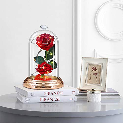 shirylzee Rosa Encantada La Bella y Bestia Flower Lámparas Rosas Artificiales Seda Glass Dome Luces LED Base de Cobre Regalos Día de la Madre Aniversario Bodas Cumpleaños San Valentin Mujer romantico