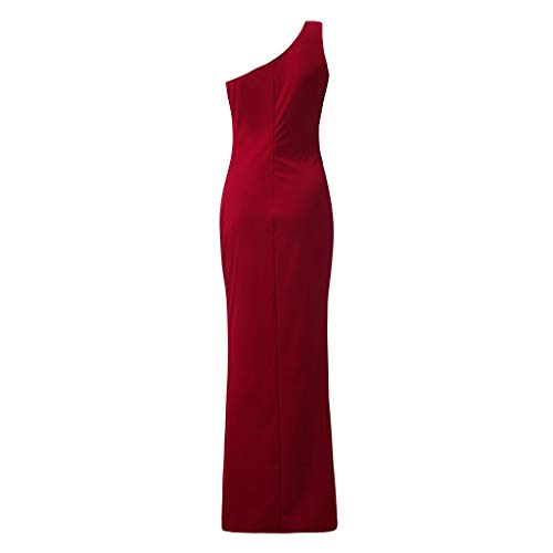 SHOBDW Vestidos Mujer Día De San Valentín Presente SóLido Un Hombro Vestido De Fiesta De Noche Formal Elegante con Pliegues Altos con Volantes De Hendidura Elegante Maxi Vestidos Largos(Rojo,L)