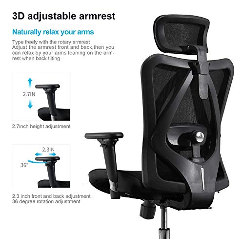 SIHOO Silla de Oficina Ergonómica, Silla de Escritorio, Respaldo Alto, Transpirable, Silla de Malla, con Reposabrazos 3D y Soporte Lumbar Ajustables(Negro)