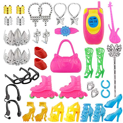 Siiruc 120 Piezas Accesorios para Muñecas Dolls, Ropa y Zapatos para Dolls, Complementos Dolls Mini Vestidos de Moda para Dolls, Perchas y Accesorios de Cocina Regalo de Cumpleaños Niñas