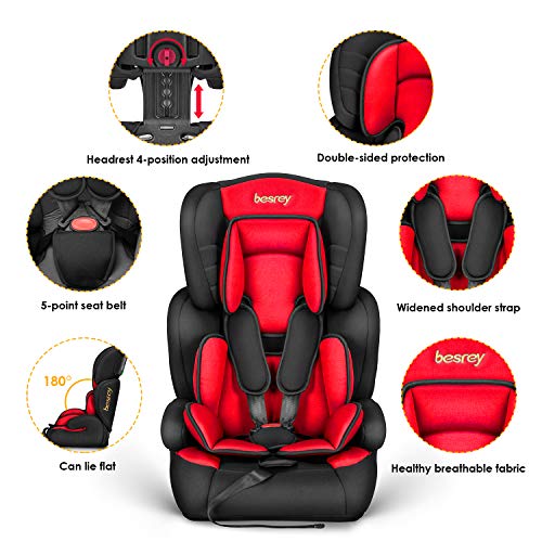 Silla de coche, Besrey bebe silla coche Grupo 1/2/3 para bebe/niños de 9 meses a 12 años, 5 puntos fijos, Reposacabezas ajuste de altura de 4 posiciones, Puede sentarse o acostarse（Rojo elegante）