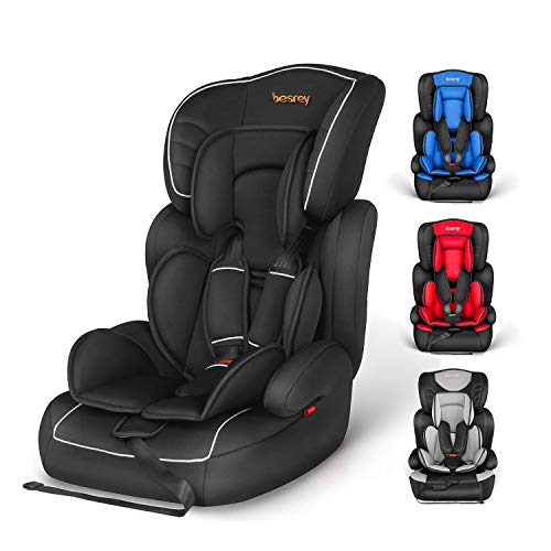 Silla de coche, Besrey bebe silla coche Grupo 1/2/3 para bebe/niños desde 9 meses a 12 años, 5 puntos fijos, Reposacabezas ajuste de altura de 4 posiciones, Puede sentarse o sentarse（Negro）