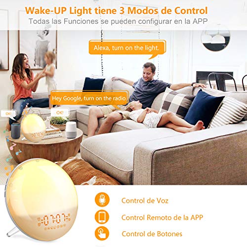 Smart Wake Up Light Despertador Luz - Inteligente Despertadores Wifi Control de Alexa Echo y Google Home,Simulación de Amanecer y Anochecer, 7 Luces de Colores/4 Alarmas/Radio FM