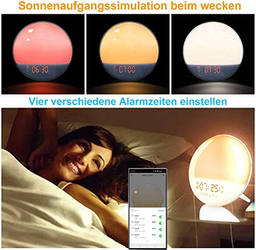 Smart Wake Up Light Despertador Luz - Inteligente Despertadores Wifi Control de Alexa Echo y Google Home,Simulación de Amanecer y Anochecer, 7 Luces de Colores/4 Alarmas/Radio FM