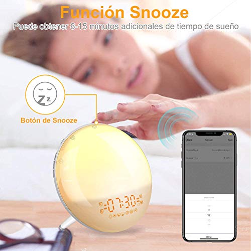 Smart Wake Up Light Despertador Luz - Inteligente Despertadores Wifi Control de Alexa Echo y Google Home,Simulación de Amanecer y Anochecer, 7 Luces de Colores/4 Alarmas/Radio FM