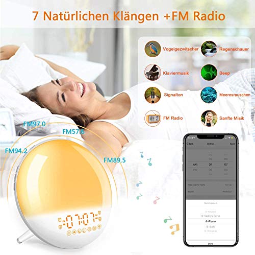 Smart Wake Up Light Despertador Luz - Inteligente Despertadores Wifi Control de Alexa Echo y Google Home,Simulación de Amanecer y Anochecer, 7 Luces de Colores/4 Alarmas/Radio FM