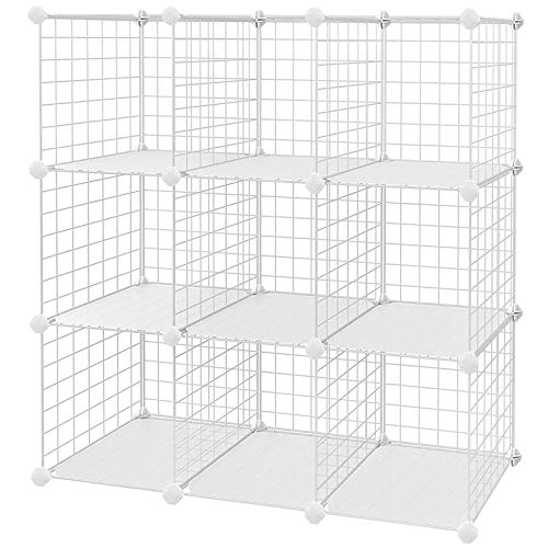 SONGMICS Armario Modular de Malla de Hierro Armario de Almacenaje con 9 Cubos Estantería Modulable Ajustable Organizador Multiuso para Libros Ropa Zapatos para Baño Habitación Infantil Sala LPI115W