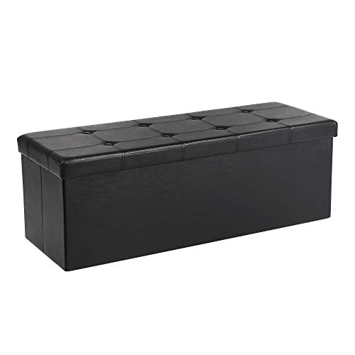 Songmics Baúl Puff - Taburete para almacenaje, Plegable Carga máxima de 300 kg, Negro, 110 x 38 x 38 cm