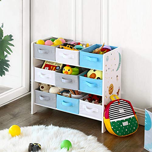 SONGMICS Estantería Infantil para Juguetes y Libros, 9 Cajas de Tela no Tejida Extraíbles con Asas, para Sala de Juegos, Escuela, 62,5 x 29,5 x 60 cm, Ahorro de Espacio, Blanco GKR33WT