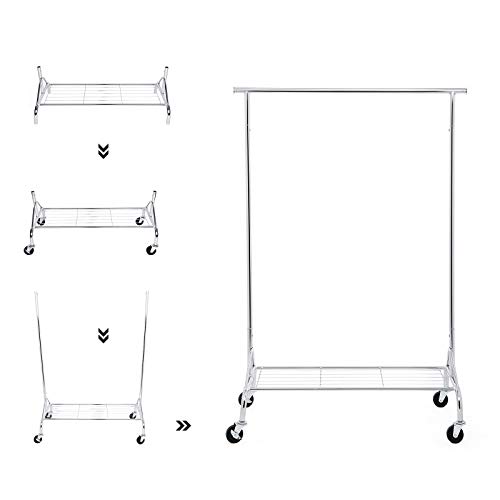 Songmics HSR02S Perchero para cargas pesadas, con estante para zapatos, con ruedas, en metal, soporta hasta 50 kg, longitud: 110,5 – 150,5 cm, cromado