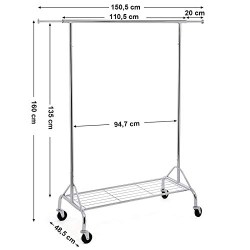 Songmics HSR02S Perchero para cargas pesadas, con estante para zapatos, con ruedas, en metal, soporta hasta 50 kg, longitud: 110,5 – 150,5 cm, cromado