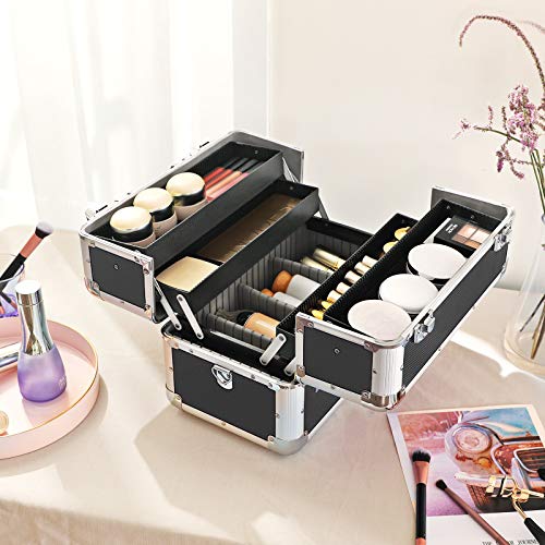 SONGMICS Maletín Moderno para Maquillajes, Caja de Belleza, con 4 Bandejas, Marco de Aluminio, Recubierto de ABS, 36 x 24 x 24 cm, Negro JBC228