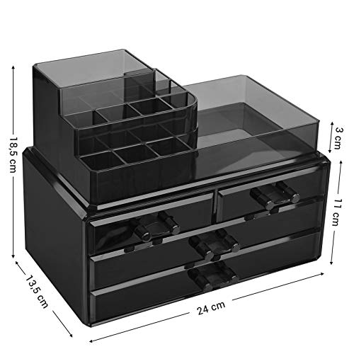 SONGMICS Organizador Cosmético, Estuche de Maquillaje con 4 Cajones y 11 Compartimentos de Diferentes Tamaños, Esteras Antideslizantes, Maquillaje y Joyería, Negro JKA00BK